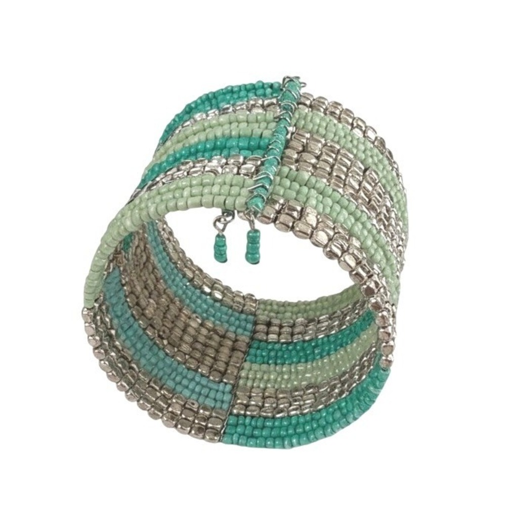 Beautiful Sterling‎ Silver Turquoise Blue Green Beaded Cuff Bracelet Southwest
